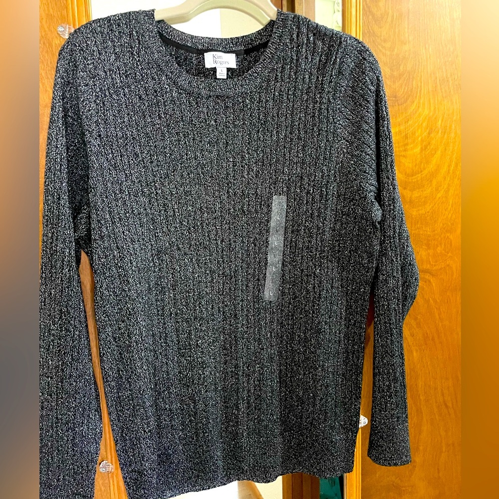 Kim Rogers Sweater Women's Large Black glitter Pullover Cable Knit Crew NWT